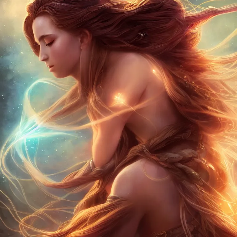 Image similar to beautiful cinematic fantasy poster, a long shot of a beautiful princess like a disney princess hybrid with flowing illuminated hair, beautiful glowing galaxy eyes, full subject in frame, wideshot ultrawide angle epic scale, hybrid from The Elden Ring and art direction by Darius Zawadzki ;by artgerm; wayne reynolds art station; cinematic quality character render; low angle; ultra high quality model; production quality cinema model;