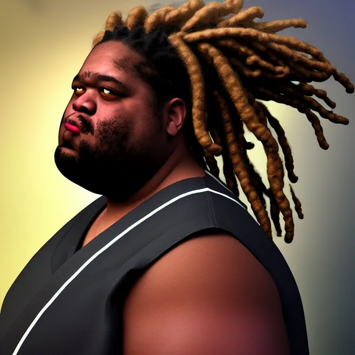 Image similar to hyperrealistic mixed media portrait of a moridly obese black man with dreads wearing a gi, doing martial arts, 8k octane beautifully detailed render, post-processing, extremely hyperdetailed, trending on artstation