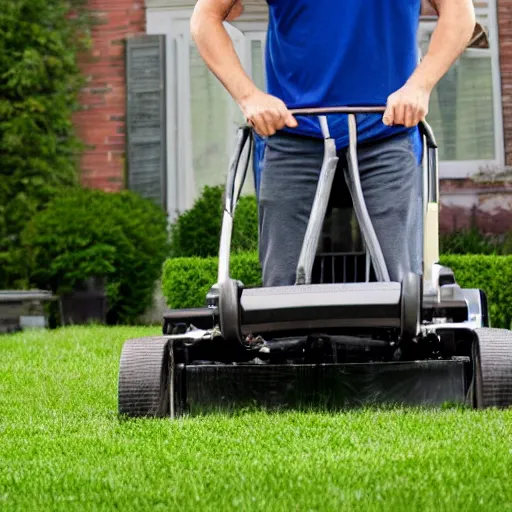 Prompt: a stock photo of a man mowing his lawn, 4 k, detailed face