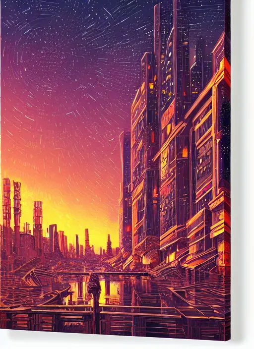 Image similar to ethereal starlit city at sunset, italian futurism, da vinci, Dan Mumford