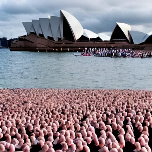 Prompt: spencer tunick photograph of blobfish on the sydney opera house foreshore