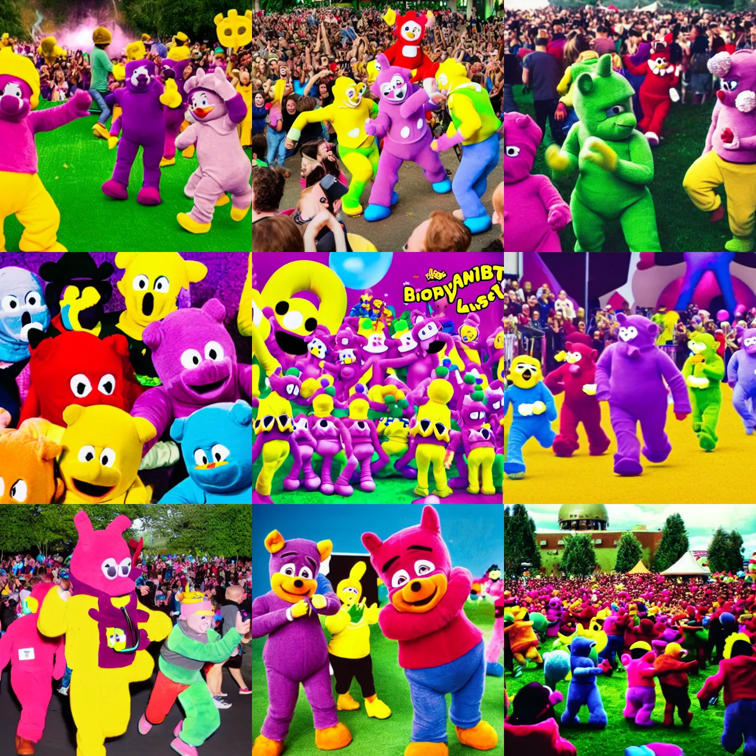 Prompt: Teletubby mosh pit