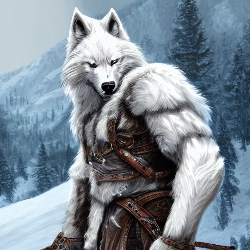 Prompt: A White Wolf barbarian on top a snowy mountains, highly detailed award winning character illustration trending on artstation, 4k