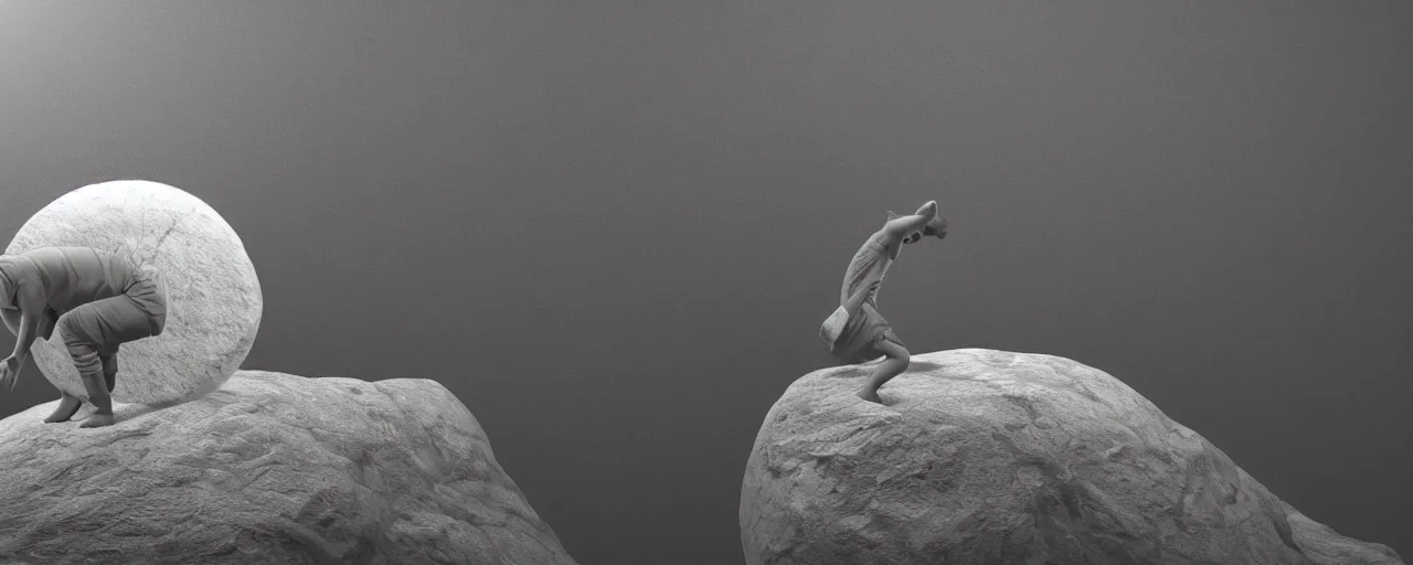 Prompt: Sisyphus rolling a stone up a mountain, the stone is round, the mountain is steep, melancholic mood, photo realistic, 8k, HD, trending on artstation