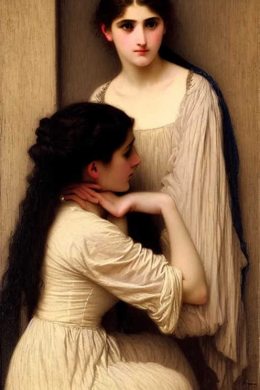 Prompt: girl under moonlight by auguste toulmouche and bouguereau, dark lighting, perfectly detailed eyes, beautiful hands, pale skin, blonde hair, leaning in doorway, dreamy mood to the painting - n 6