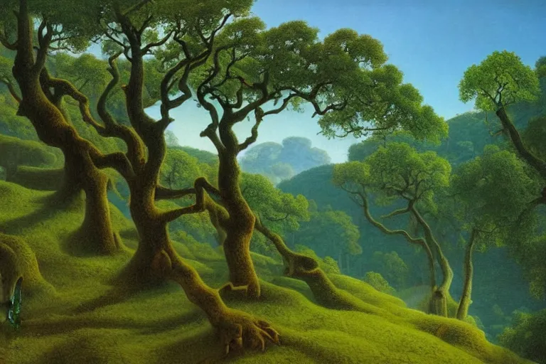 Image similar to masterpiece painting of oak trees on a hillside overlooking a creek, dramatic lighting, by michael hutter