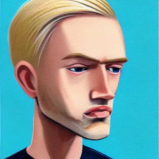 Image similar to thin blond man with blond hair long on top medium down the sides, blond beard, small chin, small nose, thin lips, English heritage, small blue eyes, tiny ears, middle aged, uncool, pale skin, narrow face, digital art, painterly, cartoon, cute, 8k, illustration, art by loish, painterly, trending on artstation, medium shot, uncropped