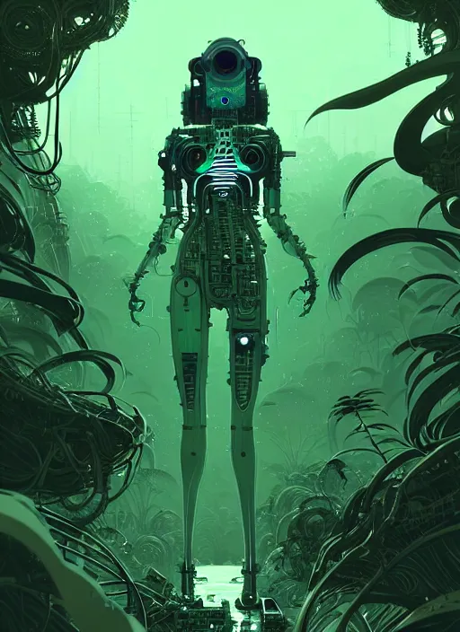 Image similar to highly detailed portrait of a biopunk cyborg long wavy dark hair tribal lady, stray wiring by atey ghailan, james gilleard, by joe fenton, by greg rutkowski, by greg tocchini, by kaethe butcher, 4 k resolution, gradient green, black and white color scheme!!! ( ( forested robotic dense jungle background ) )