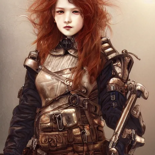 Image similar to portrait of a girl by ayami kojima, scottish, she is about 2 0 years old, wavy redhead, annoying little sister vibes, she is wearing a steampunk tactical gear, highly detailed portrait, digital painting, artstation, concept art, smooth, sharp foccus ilustration, artstation hq