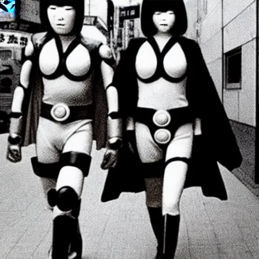 Image similar to japanese 70s black and White TV show, Photorealistic, cyborg superheroes walking the streets of Shinjuku