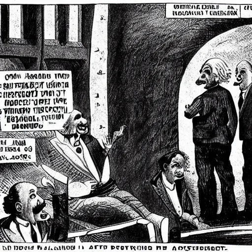 Image similar to albert einstein waiting downstairs for albert einstein who fell from the minaret, comic, high detailed, cartoon