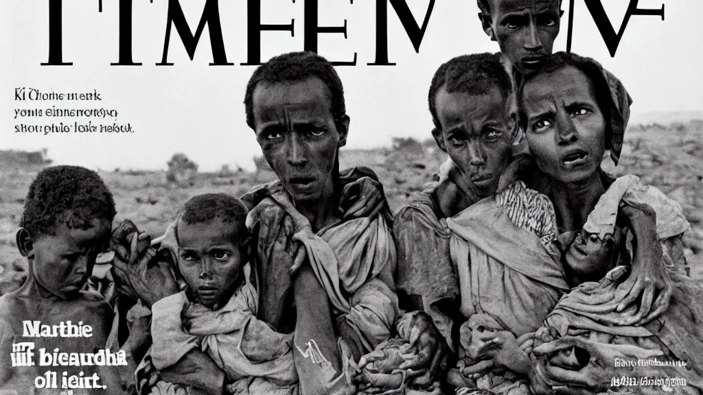 Image similar to 1 9 8 4 ethiopian famine and drought, dark, moody, in the cover of time magazine, 8 k