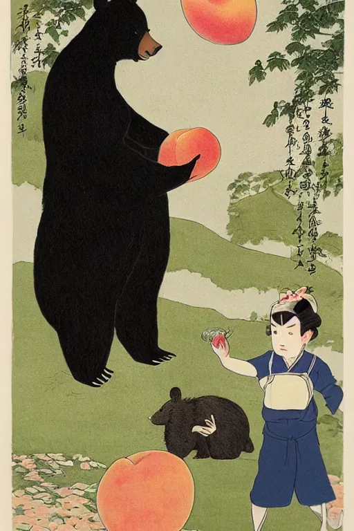 Prompt: a girl gives a peach to a large anthropomorphic asian black bear, in the style of foujita tsuguharu