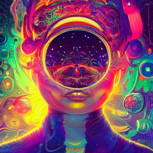 Image similar to An extremely psychedelic experience, colorful, surreal, dramatic lighting, cosmonaut, LSD, face, detailed, intricate, elegant, highly detailed, digital painting, artstation, concept art, smooth, sharp focus, illustration, art by Sam Spratt, Dan Mumford, Artem Demura and Alphonse Mucha