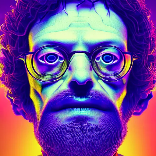 Prompt: terence McKenna full body with psychedelic mushrooms, psychedelic, fractal, Claymorphism, cinematic lighting, dramatic, octane render, full body, trending on artstation, perfect facial symmetry, bokeh, 8k, intricate, hyper detailed