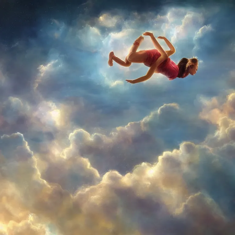 Prompt: a beautiful painting of a human flying in the sky as in a dream, around fluffy airy soft clouds that sparkle and glow with different lights and also foam like soap bubbles, highly detailed, 8 k resolution, hdr, photorealistic