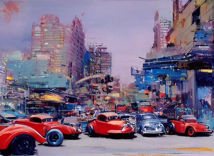 Image similar to hotrods driving down a street , vintage, highly detailed, by John Berkey