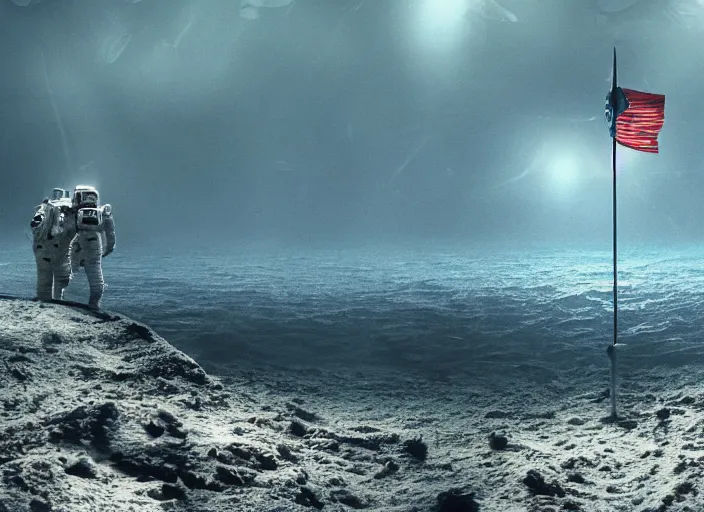 Image similar to astronaut holding a flag in an underwater desert. a submarine is visible in the distance. dark, concept art, cinematic, dramatic, atmospheric, 8 k, trending on artstation, blue, fish, low visibility, fog, ocean floor, christopher nolan, interstellar