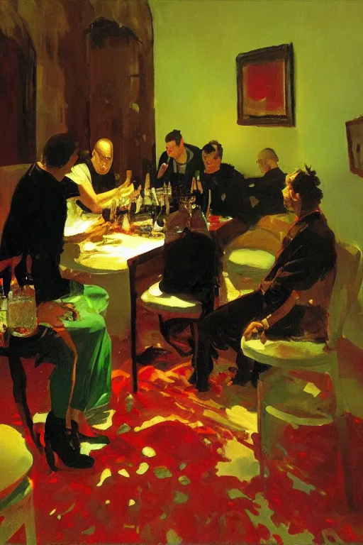 Prompt: rock and rollers drinking brutal and raw wine, inside a tiny green room with red lights by joaquin sorolla, greg rutkowski, bill sienckiwicz, extremely detailed