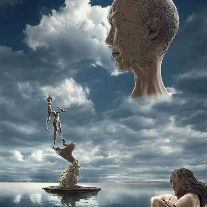 Prompt: hyperrealistic random objects in a surreal minimalistic dreamscape environment by salvador dali, enormous melting mannequin head statue, highly detailed, 3 d render, beautiful clouds, octane, beautiful lighting, photorealistic, intricate, elegant, wayne barlowe, water, mirrors, doorway, beautiful, masterpiece, trending on artstation, artgerm, checkered floor