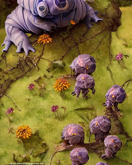 Image similar to detailed painting of a beautiful tardigrade p, untouched by humans for years, with a brooding fairy inside it. sunlight beams down on the scene and you can tell it is spring from the flowers. perhaps a party of adventurers or a lone traveler is entering the scene from the a path. by norman rockwell