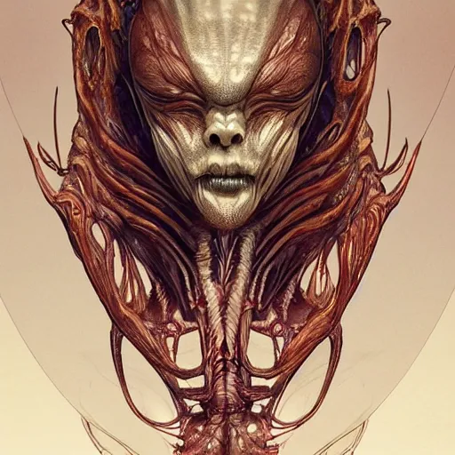 Image similar to whirling portrait of a twisting bloodied filigreed genderless insect alien monster, muscles, rippling, space warping, ultra realistic, concept art, intricate details, eerie, highly detailed, photorealistic, octane render, 8 k, unreal engine. art by artgerm and greg rutkowski and alphonse mucha
