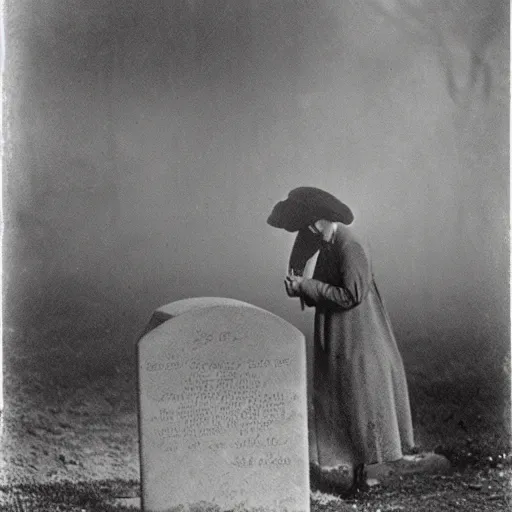 Image similar to a sad woman soul looking at his grave, night, fog, 1 9 0 0's photo