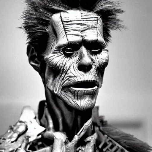 Image similar to grainy recovered photo of animatronic Willem Dafoe by Stan Winston studios trashed destroyed lying in a landfill post apocalyptic gloom exposed inner machinery detailed