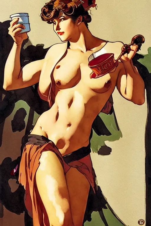 Prompt: attractive hercules played as a woman drinking coffee, painting by j. c. leyendecker, yoji shinkawa, katayama bokuyo