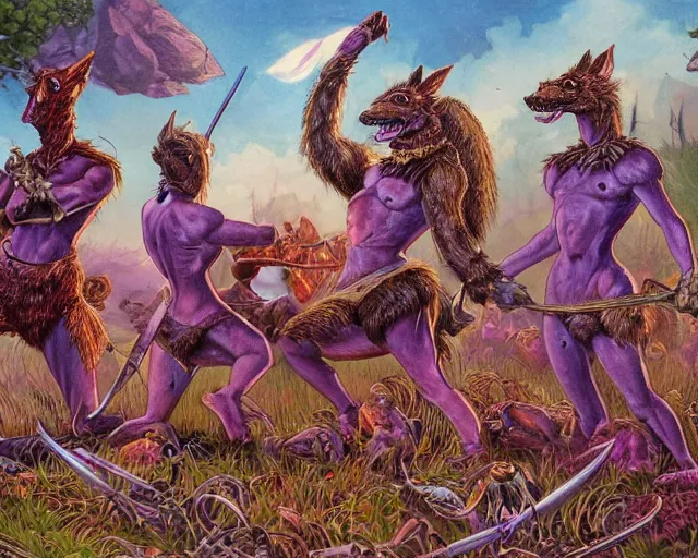 Image similar to Fantasy illustration by Clyde Caldwell - The pack of kobolds is crouched in a circle. They are snivelling canid humanoids, with scales of rust, and they carry spears. Their leader, a matronly female with numerous tattoos, kneels in the center of the circle and gathers the pulsing purple moss. She has a spear, but it lies across her lap. The kobolds chatter to one another, and you hear the word “food” uttered more than once.