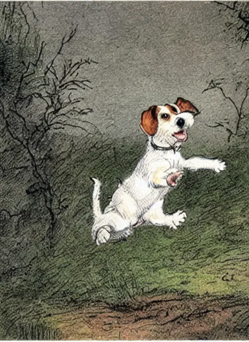 Image similar to jack russel terrier jumping from the ground over a short wall, illustrated by peggy fortnum and beatrix potter and sir john tenniel