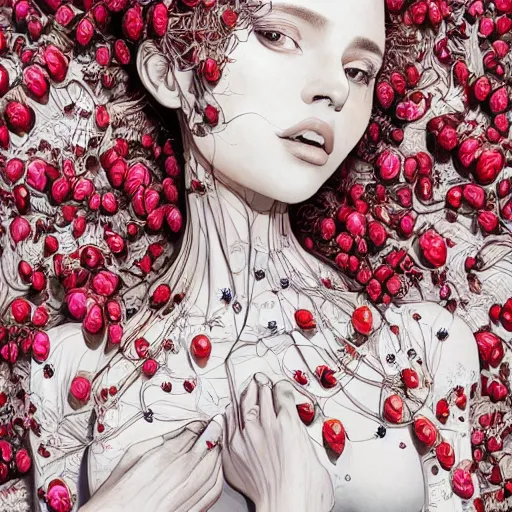 Image similar to the portrait of an absurdly beautiful, graceful, elegant, sophisticated, fashionable woman made of strawberries and white petals looking down, an ultrafine hyperdetailed illustration by kim jung gi, irakli nadar, intricate linework, bright colors, octopath traveler, final fantasy, unreal engine 5 highly rendered, global illumination, radiant light, detailed and intricate environment