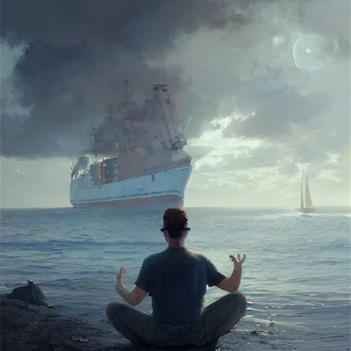 Prompt: patrick maritime meditates, hyperrealism, no blur, 4 k resolution, ultra detailed, style of ron cobb, adolf hiremy - hirschl, ismail inceoglu, rene margitte