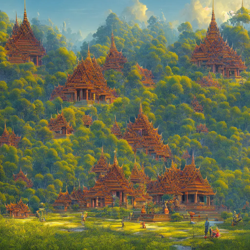 Image similar to summer morning, thai temple, rolling mountain, very coherent and colorful high contrast, art by gediminas pranckevicius, geof darrow, franz sedlacek, dark shadows, hard lighting