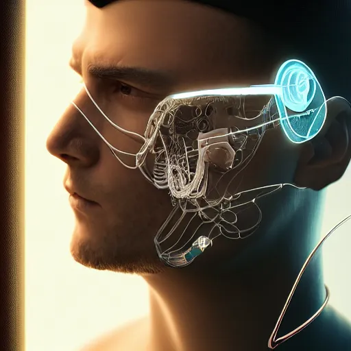 Image similar to portrait of an absurdly handsome, clean shaven, sophisticated, fashionable male cyberpunk mechanoid, hyperdetailed illustration, irakli nadar, matt wisniewski style, intricate linework, male fashion photography, porcelain skin, jellyfish headband, unreal engine 5 highly rendered, artstation, radiant light, detailed and intricate environment