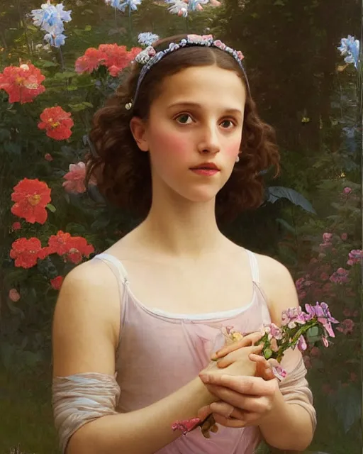 Prompt: a portrait painting of a shy, blushing 1 6 - year old alicia vikander or millie bobby brown as a ballerina in her flower garden with lanterns, intricate, elegant, highly detailed, artstation, concept art, by krenz cushart and donato giancola and william adolph bouguereau and alphonse mucha