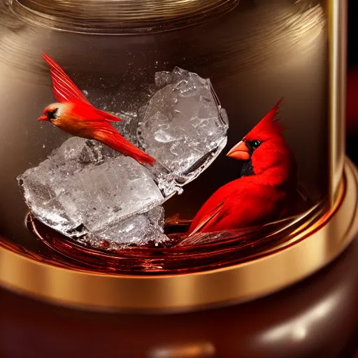 Image similar to a photorealistic photograph of a red Cardinal bird swimming inside of an Armagnac decanter at an upscale polo lounge Trending on Artstation, featured on Behance, well-rendered, Unreal Engine, 4K HD