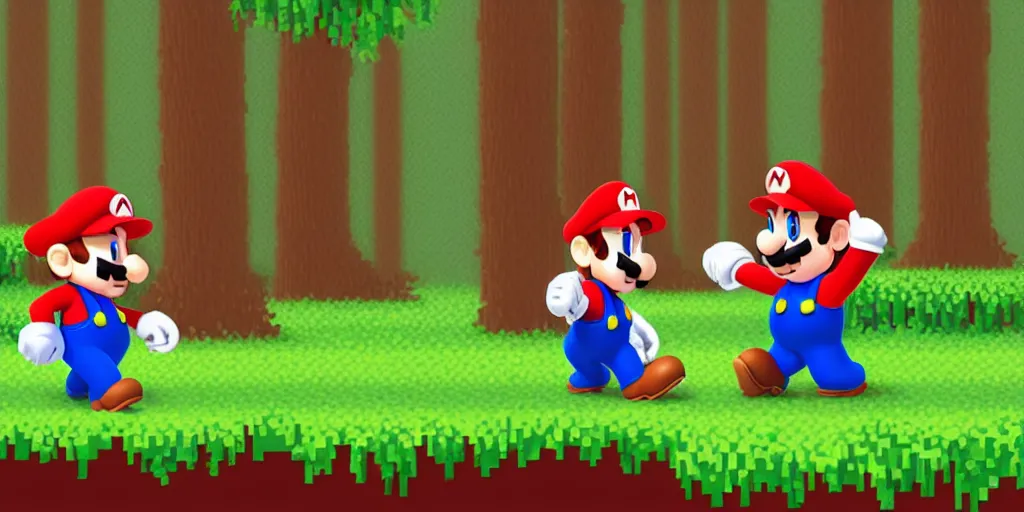 Prompt: a picture of mario from super mario bros wanlking in the forest pixelart style ultra realistic, highly detailed, sharp focus, cinematic lighting, mood lighting, realistic, vivid colors, painting, photorealistic, digital art, non blurry, sharp, smooth, illustration, 4 k, artstation,