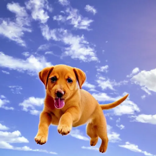 Prompt: a puppy flying through the blue sky on a magic carpet