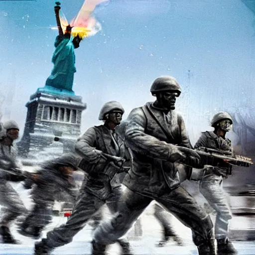 Image similar to The war between the Soviet Union and America, the action takes place in New York, far away against the background of the Statue of Liberty, a lot of soldiers and military equipment, a lot of explosions and tracer bullets, a lot of ruins, a very epic battle, The style of photography of the 80s