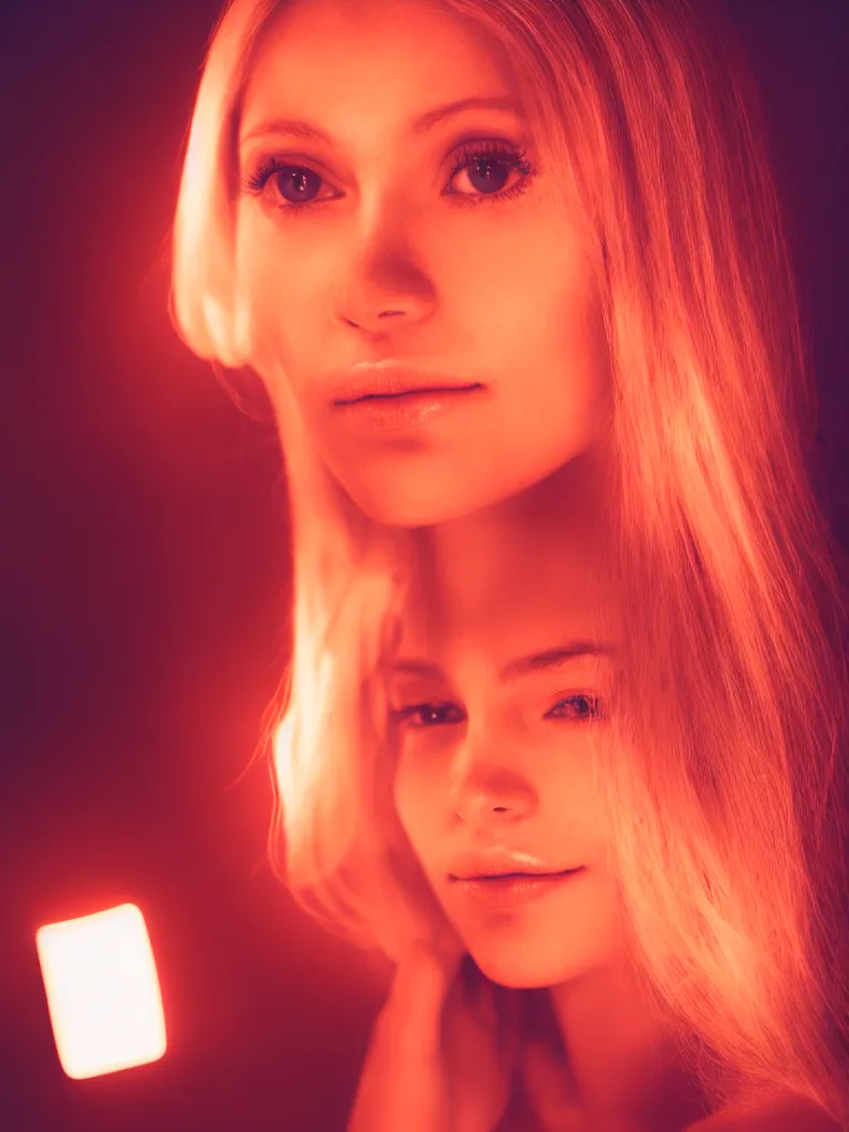 Image similar to photograph of a pretty blond woman illuminated with red light, soft light, night