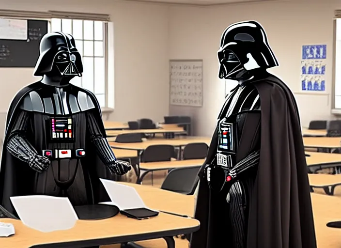 Prompt: film still of Darth Vader working as a high school teacher in the new Star Wars movie, 4k