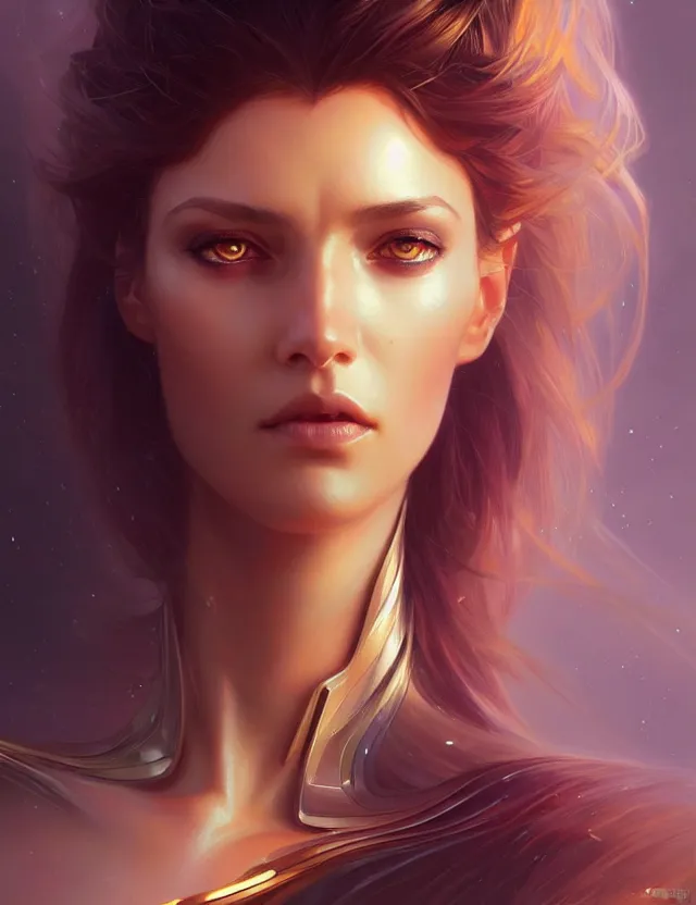 Image similar to futuristic woman portrait, sci-fi, amber eyes, face, long hair, fantasy, intricate, elegant, highly detailed, digital painting, artstation, concept art, smooth, sharp focus, illustration, art by artgerm and greg rutkowski and alphonse mucha