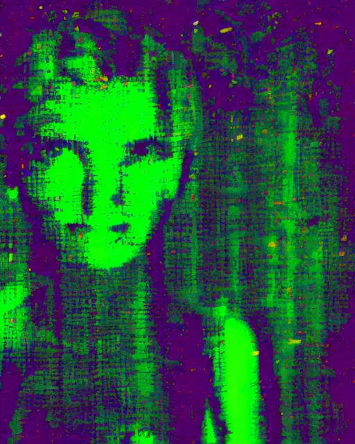 Prompt: robotic woman's face, blank expression, violet and yellow and green lighting, polaroid photo, atmospheric, whimsical and psychedelic, grainy, expired film, super glitched, corrupted file, blobs