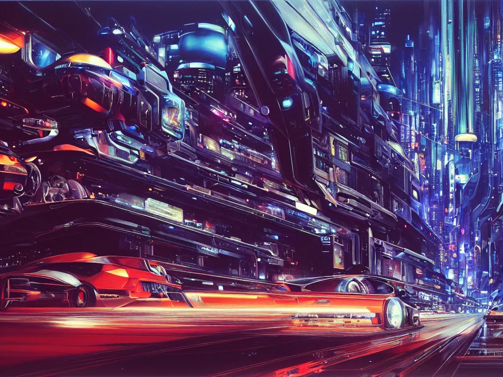 Prompt: hyperrealistic painting of a slice of life from a futuristic city, mechanical designs, futuristic vehicles, technological, engineering, night, vivid color, many cars, elegant, meticulous, cinematic, cyberpunk style, highly detailed!, realism, intricate, acrylic on canvas, 8 k resolution, concept art, by noriyoshi ohrai, john berkey, moebius