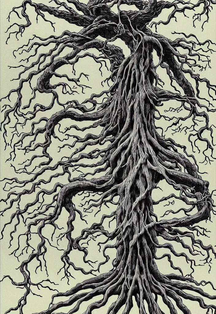 Image similar to prompt: anatomy dissection drawing of magical white skeleton Bonsai tree squid creature roots merging into big moon drawn by Takato Yamamoto, bonsai skeleton anatomy atlas, veins and organs attached to tree roots, alchemical objects inspired by 1980's sci-ci, intricate oil painting detail, manga 1980