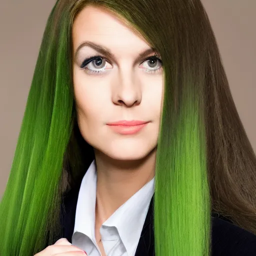Image similar to french portait of women, green long hair, business women style