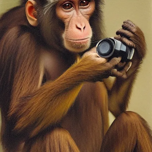 Image similar to a monkey holding camera in an oil painting, running freely, high detail, high polygon-W 768