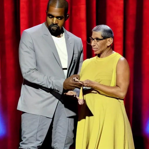 Image similar to Kanye West wearing a dress, receiving the Noble Prize from Anthony Fauci