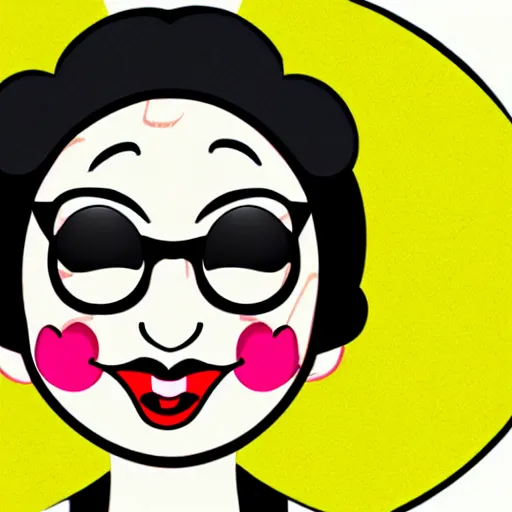 Prompt: a cartoon face of a girl smiling with her eyes closed. she has red glasses, ears with piercings, red lips, eyelashes, pink cheeks, and black hair on a yellow background. the cartoony face is 2 d.